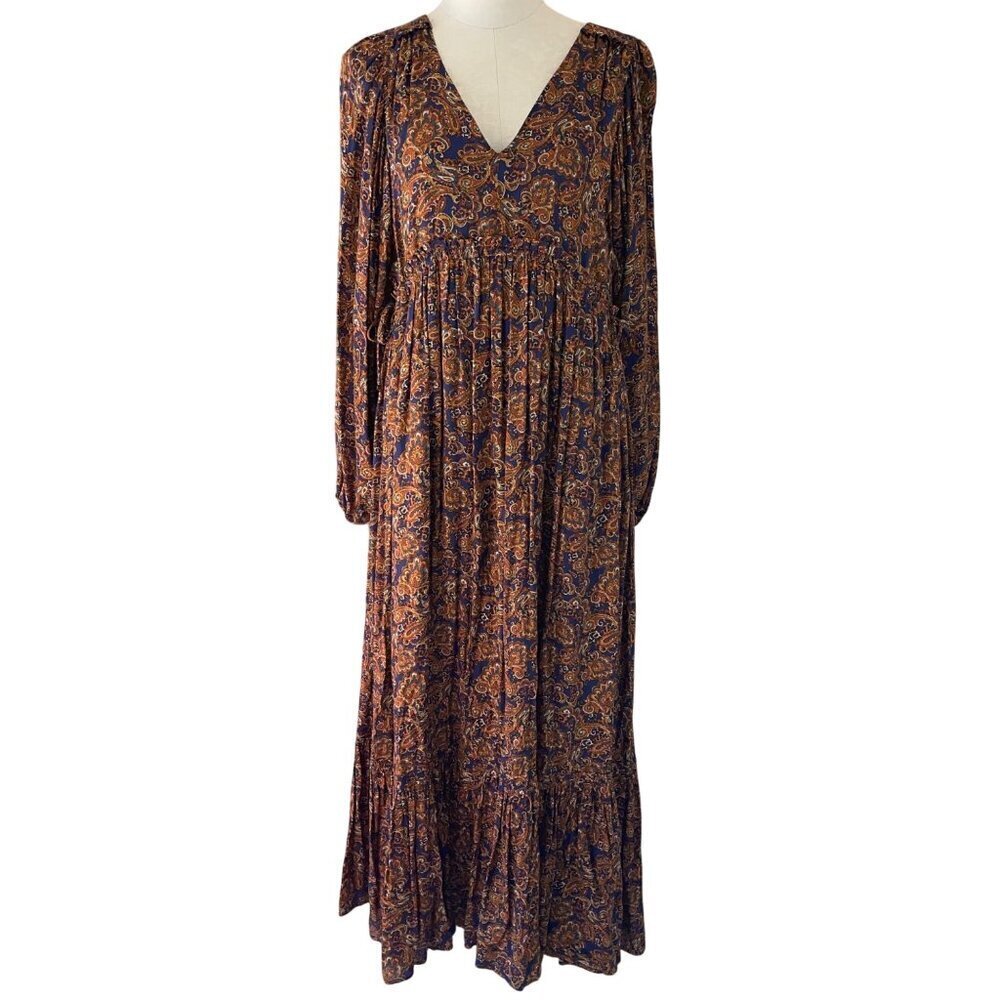 Sezane Womens Dress Size 38 Brown Ocher Evelyna Maxi Bohemian Paisley